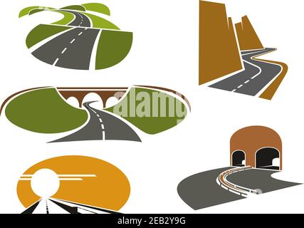 Mountain and rural roads, underpass highways with tunnels and bridge, modern freeway with medium barrier icons, for travel or transportation design Stock Vector