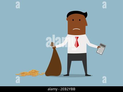 Depressed african american bankrupt businessman standing with calculator and empty money bag in hands, for financial crisis or bankruptcy theme design Stock Vector