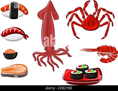 Fresh salmon steak, sushi rolls and sashimi, crab, shrimp, red caviar and squid seafood set in cartoon style. For menu or recipe book design Stock Vector