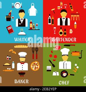 Chef, baker, waiter and bartender professions flat icons with workers of food service industry in professional uniform, with food and drink symbols Stock Vector