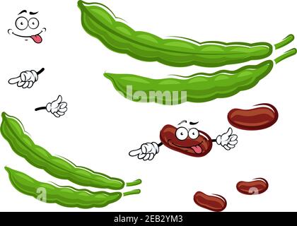 Dry brown cartoon funny kidney beans vegetable characters with fresh green pods, for agriculture or vegetarian healthy food design Stock Vector