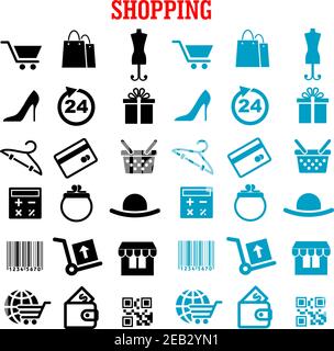 Shopping and commerce flat icons with black and blue shopping carts, basket and bags, bank credit card, wallets, money, delivery, barcode, store, qr c Stock Vector