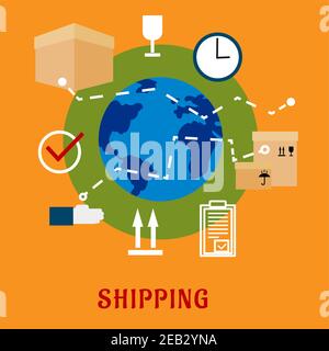 International shipping service flat icons with cardboard boxes with packaging symbols, order list and clock with globe on the background and caption S Stock Vector