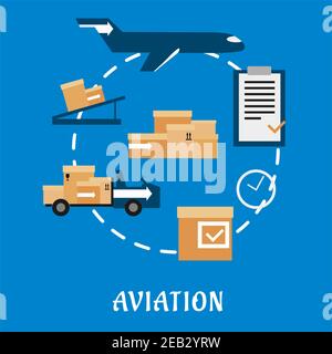 Air cargo and logistics flat icons with airplane, conveyor, cardboard boxes with packaging symbols, airport truck, clock and clip board with order lis Stock Vector