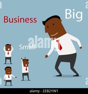 Big businessman giving hand for handshake to panicked small black businessmen. Partnership concept between big and small businesses Stock Vector