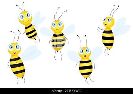 Big set of cartoon cute bee mascot. A small bees flies. Wasp collection. Vector character. Insect icon. Template design for invitation, cards Stock Vector