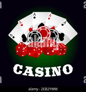 Casino icons with glossy red dices, gambling chips and winning combination of poker aces on the background. For gambling industry theme design Stock Vector