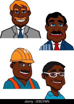 Cartoon smiling african american builder, doctor in glasses and businessmen characters. For profession theme design Stock Vector