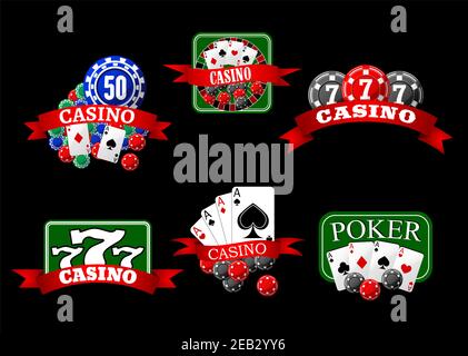 Casino icons with poker hands of aces cards, gambling chips, jackpot lucky triple seven and roulette table, decorated by red ribbon banners Stock Vector