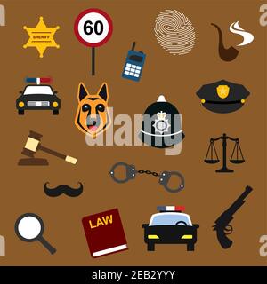 Police, law and justice flat icons with handcuff car lawbook sheriff star badge officer peaked caps fingerprint speed limit sign judge gavel radio rec Stock Vector