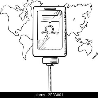 Tablet pc icon with magnifying glass on a display with world map on the background. Sketch image for search internet technology theme design Stock Vector