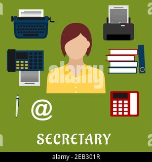 Secretary or assistant profession flat icons with telephone, fax, stack of folders with documents, pen, printer, mail symbol, typewriter and elegant y Stock Vector