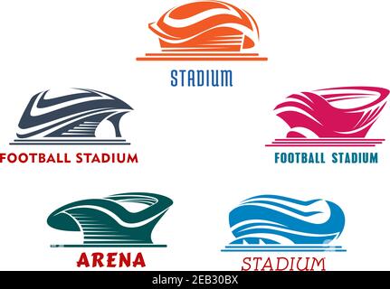 Bright colorful sporting stadiums or arenas icons for football or soccer, rugby, baseball and basketball competitions or trainings. Isolated backgroun Stock Vector