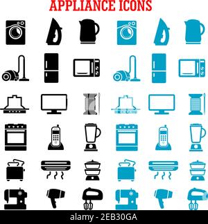 Home appliance icons with microwave vacuum iron refrigerator toaster tv set washing and sewing machines blender mixer fan stove kettle air conditioner Stock Vector