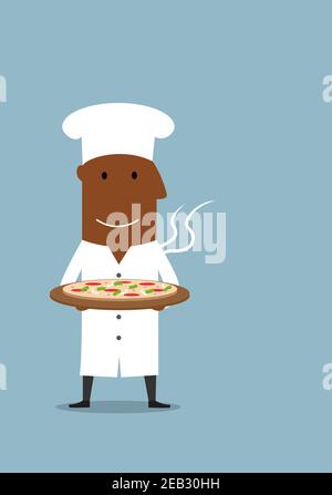 Cartoon smiling african american chef in white cook toque carrying hot vegetarian pizza with mozzarella and tomato Stock Vector