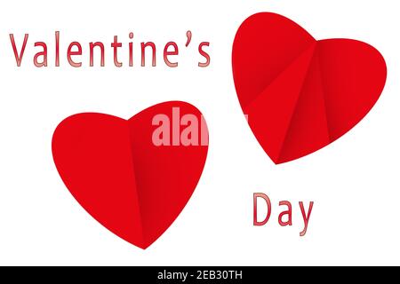 Postcard with two hearts and the inscription Valentine's Day. White background. Red paper heart. February fun. Card for Valentine's Day. Stock Photo