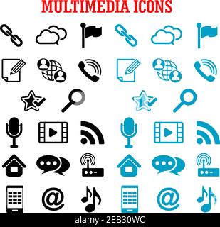 Multimedia and communication flat icons with smartphone, microphone music video player email link search chat call cloud storage favorite star flag pi Stock Vector