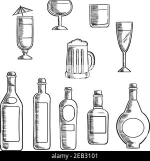 Wine, beer, whiskey, vodka and liquor bottles with filled glasses and mixed cocktail. Sketch icons set for food and drinks themes design Stock Vector