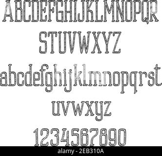 Retro font alphabet and numbers in sketch style