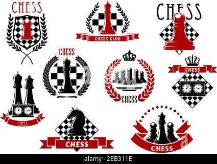 Chess icons with red and black kings, queens, rook, knight, pawns chessman and clocks on chessboard and checkered shield. Adorned by laurel wreaths, r Stock Vector