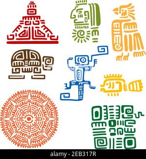 Ancient mayan and aztec totems or religious signs with colorful symbols of sun, bird, snake, turtle, fish, lizard, pyramid and warrior. For tattoo or Stock Vector
