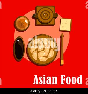 Traditional asian chinese cuisine dishes served on table with dumplings, soy sauce, ceramic teapot, cup of tea and chopsticks on rest Stock Vector