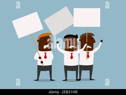 Cartoon african american businessmen protesting with raised demonstration placards. For business concept of picket, strike or protest themes Stock Vector