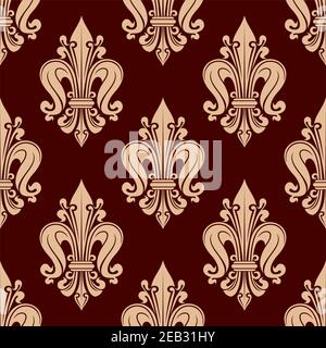 French fleur-de-lis seamless pattern with floral motif of stylized beige flowers with curled petals over red background. Wallpaper and interior usage Stock Vector