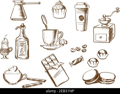 Coffee sketched icons with cup of coffee on saucer with coffee beans and candies with ice cream, cakes, cappuccino, liquor, takeaway cup, chocolate, v Stock Vector