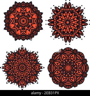Red floral circular patterns of decorative leaves and petals with red and orange abstract ornament. For interior or textile design Stock Vector
