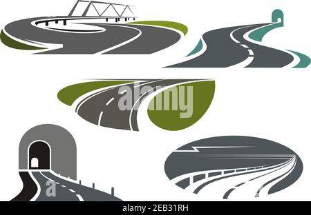 Mountain tunnels, highways, overpass road with bridge and winding bypass rural roads. Icons for travel or transportation themes Stock Vector