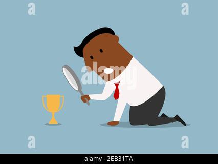 Confused cartoon african american businessman looking at small trophy cup through magnifying glass Stock Vector