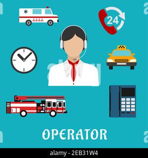 Operator of call center or dispatcher profession flat icons with woman, headset and neckerchief, surrounded by handset with 24 hour support sign, cloc Stock Vector