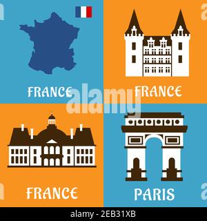 French landmarks flat icons with national map and flag, triumphal arch, palace and castle. Travel usage set Stock Vector