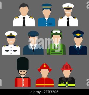 Flat icons of professions avatars of firefighter, soldier, pilot , security and ship captain with men in professional uniform and caps Stock Vector
