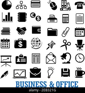 Business, finance and office flat icons with laptop, telephone, finance chart idea calendar currency handshake briefcase, chair, documents, mail, wall Stock Vector