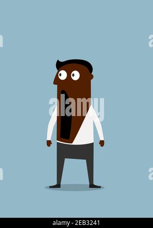 Shocked or scared cartoon african american businessman standing with wide open mouth and googly eyes. Negative emotion expression or omg concept Stock Vector