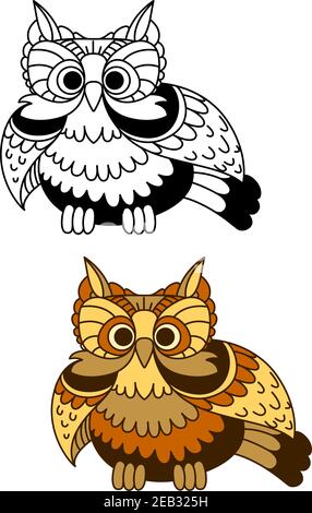 Cartoon brown and yellow striped owl with flapping wings. For mascot or wisdom concept design Stock Vector