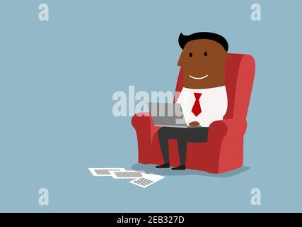 Cartoon african american businessman working with laptop and sitting in comfortable armchair. Home office or wireless technology concept design Stock Vector