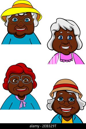 Cheerful active african american old women or ladies cartoon characters with elegant gray and red hairstyles, hats and glasses Stock Vector