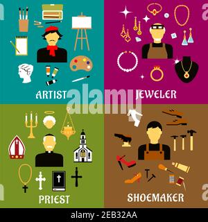Jeweler, shoemaker, artist and priest profession flat icons set with men in professional uniforms with tools, religion, art and craft symbols Stock Vector
