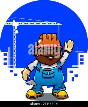 Friendly cartoon african american bricklayer or builder in orange hard hat standing with trowel. Construction industry concept Stock Vector