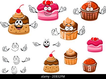 Delicious cartoon chocolate cupcakes with raisins and cream, fruit dessert with berry sauce and caramel pudding with cherry on the top. Use as bakery, Stock Vector