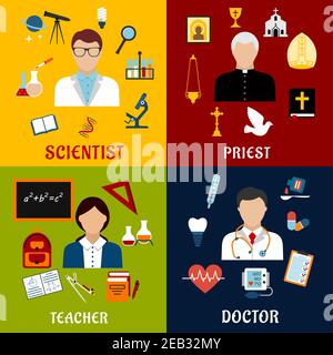 Scientist, teacher, doctor and priest professions flat icons with men and woman, science laboratory and medical equipment, school supplies, education Stock Vector