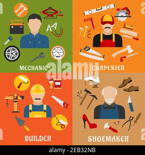 Construction and service industry professions flat icons with professional builder, carpenter, auto mechanic and shoemaker with tools, equipments and Stock Vector