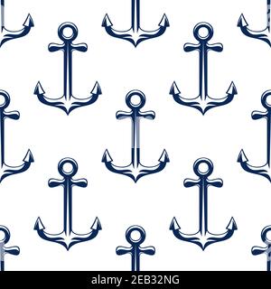 Seamless retro marine anchors pattern with blue ship anchorage elements over white background. For nautical or wallpaper design Stock Vector