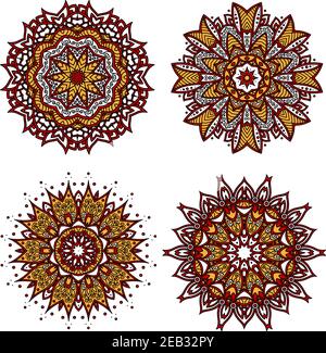Bright red circular ornament with floral motif of yellow pointed petals, adorned by wavy lines, curlicues and swirls. Interior textile, tile and carpe Stock Vector