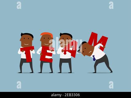 Happy cartoon team of african american businessmen are carrying big red letters to connect the word Team. Business team, teamwork and partnership conc Stock Vector