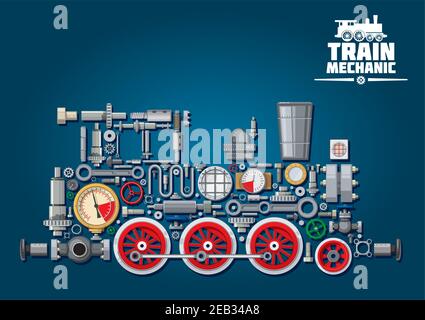Steam locomotive train made up of mechanical parts as steam engine, transmission system, gearbox, cogwheels, colorful pressure gauges, valves, running Stock Vector