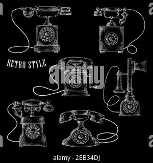 Retro telephones icons with rotary dials in chalk sketch style. Telecommunication and vintage concept usage Stock Vector